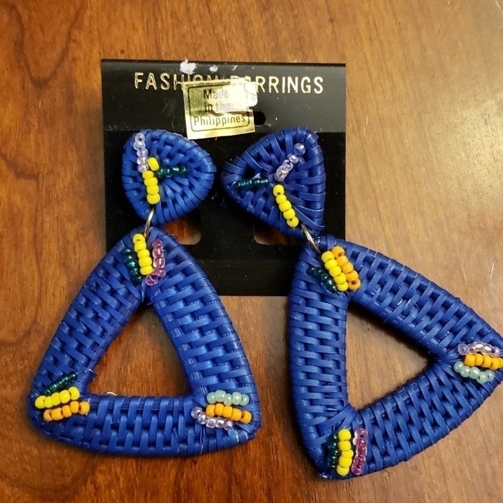 Blue & Yellow Woven & Beaded Triangle Earrings New